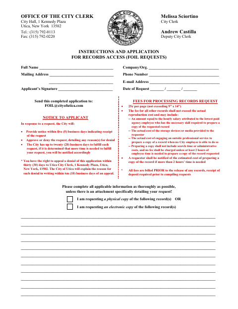 First page of the Instructions and Application for Records Access (FOIL Requests)