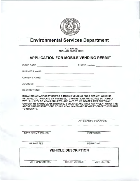 First page of the Application for Mobile Vending Permit