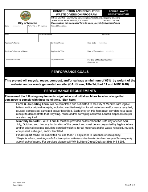 First page of the Form C – Waste Reporting Form