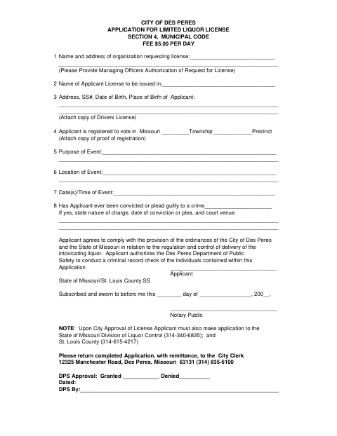 First page of the Application for Limited Liquor License