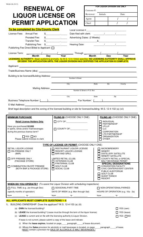First page of the Renewal of Liquor License or Permit Application
