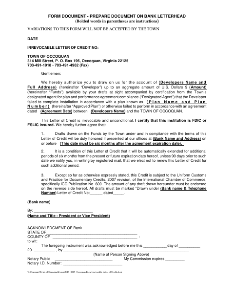 First page of the Irrevocable Letter of Credit