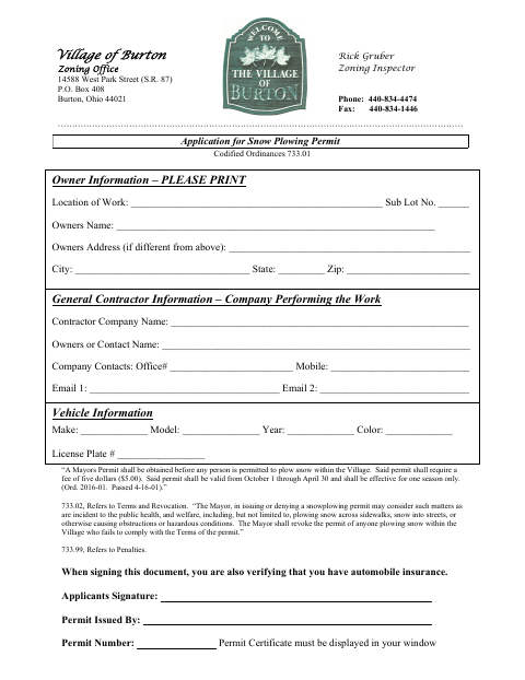 First page of the Application for Snow Plowing Permit