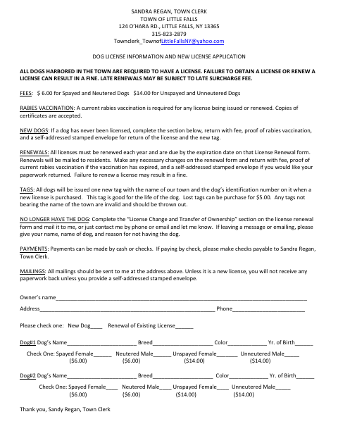 First page of the Dog License Information and New License Application