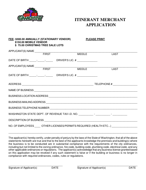 First page of the Itinerant Merchant Application