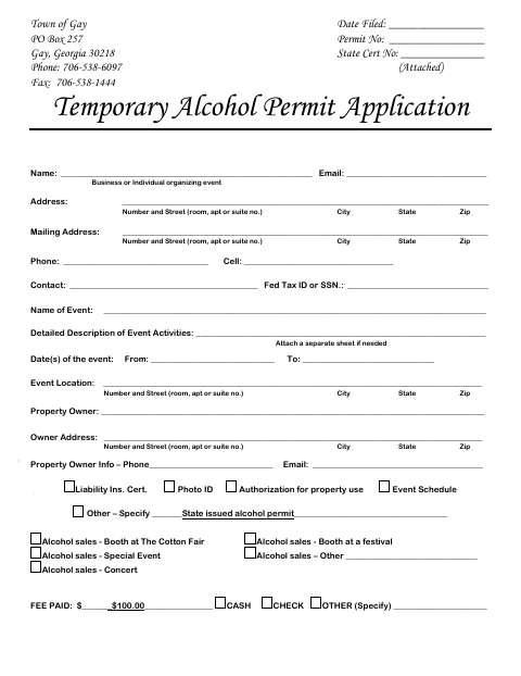 First page of the Temporary Alcohol Permit Application