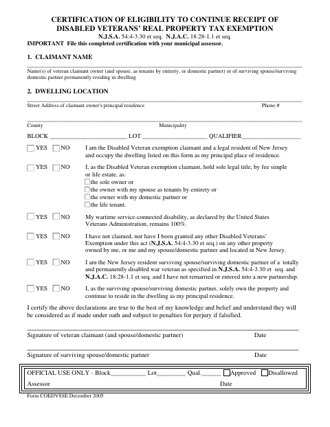 First page of the Certification of Eligibility to Continue Receipt of Disabled Veterans’ Real Property Tax Exemption
