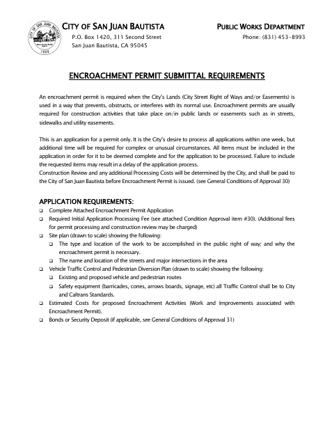 First page of the Encroachment Permit Submittal Requirements and Application
