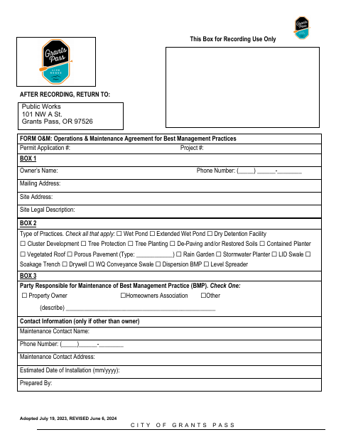 First page of the Stormwater Operations and Maintenance Agreement