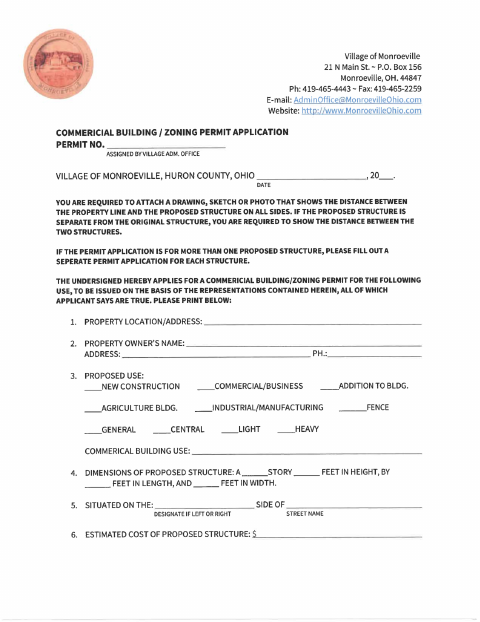 First page of the Commercial Building / Zoning Permit Application