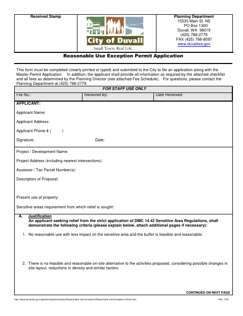 First page of the Reasonable Use Exception Permit Application
