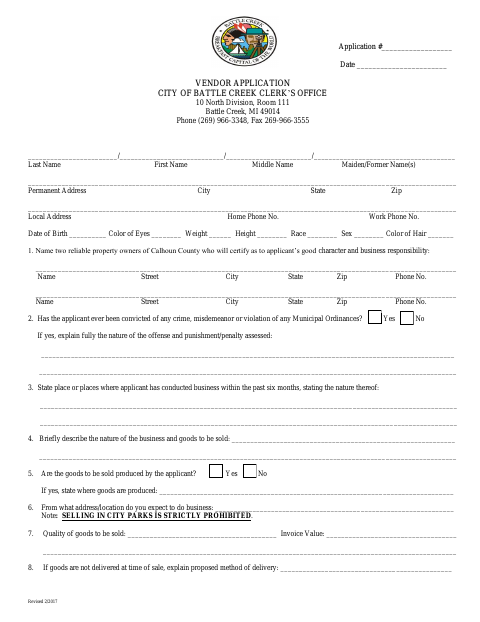 First page of the Vendor Application