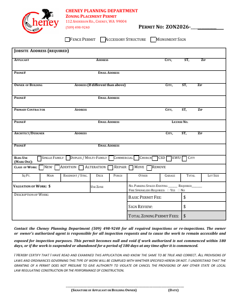 First page of the Zoning Placement Permit