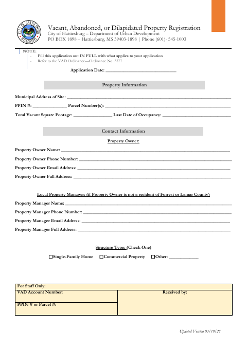 First page of the Vacant, Abandoned, or Dilapidated Property Registration