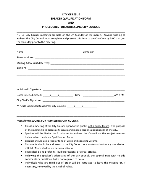 First page of the Speaker Qualification Form and Procedures for Addressing City Council