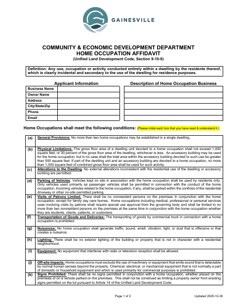 First page of the Home Occupation Affidavit