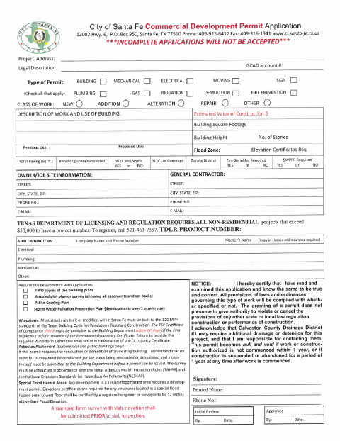 First page of the Commercial Development Permit Application