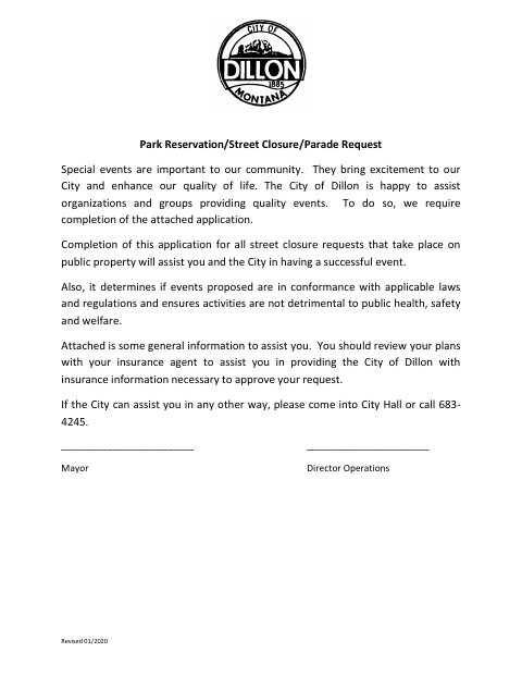 First page of the Park Reservation, Street Closure, and Parade Request