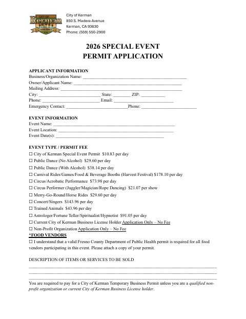 First page of the Special Event Permit Application