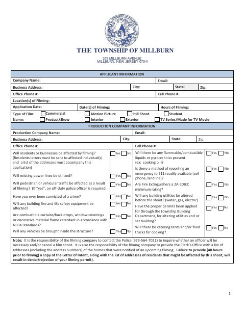 First page of the Commercial Filming Permit Application And Hold Harmless Agreement