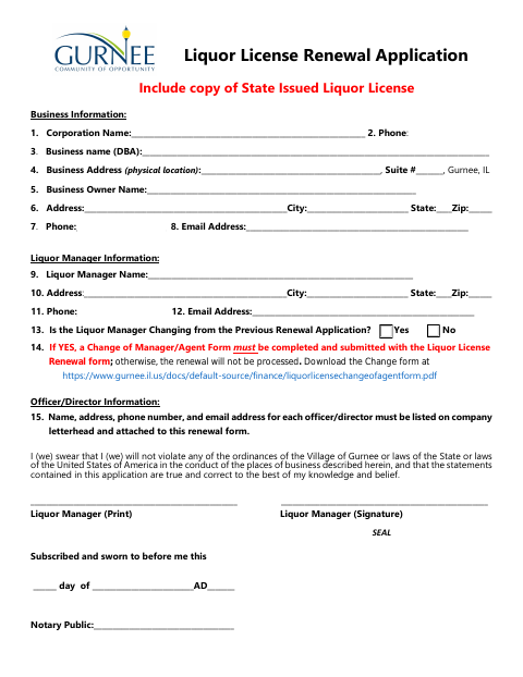 First page of the Liquor License Renewal Application