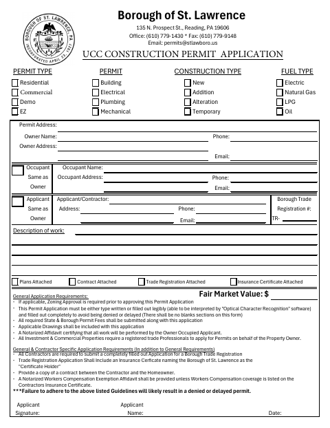 First page of the UCC Construction Permit Application