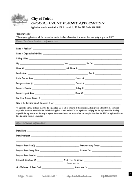 First page of the Special Event Permit Application