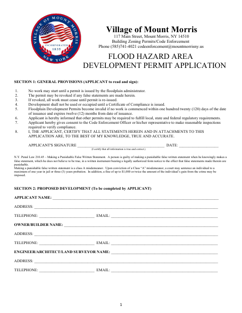First page of the Flood Hazard Area Development Permit Application