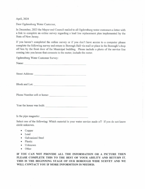 First page of the Lead Line Replacement Survey