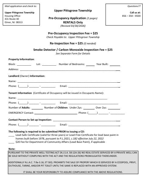 First page of the Pre-Occupancy Application (Rentals Only)