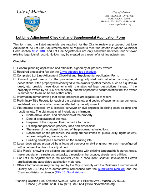 First page of the Lot Line Adjustment Checklist and Supplemental Application
