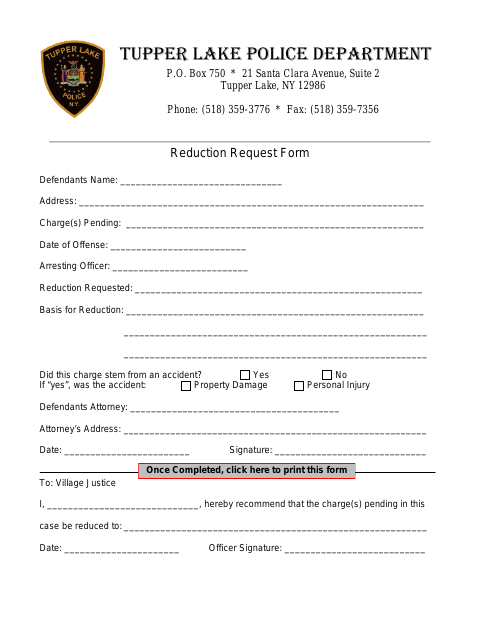 First page of the Reduction Request Form