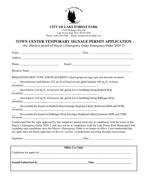 First page of the Town Center Temporary Signage Permit Application