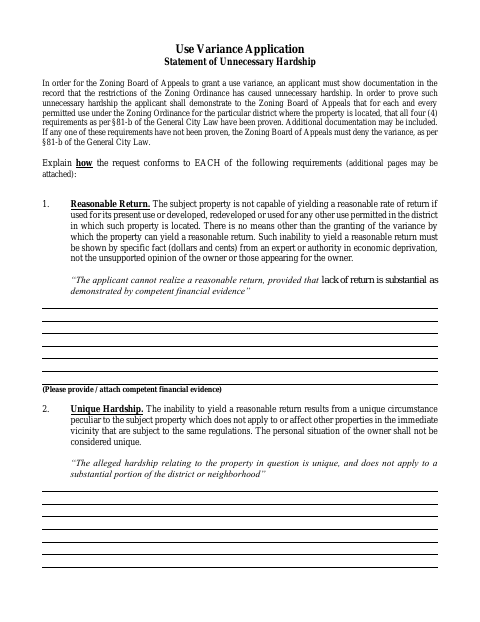 First page of the Use Variance Application – Statement of Unnecessary Hardship