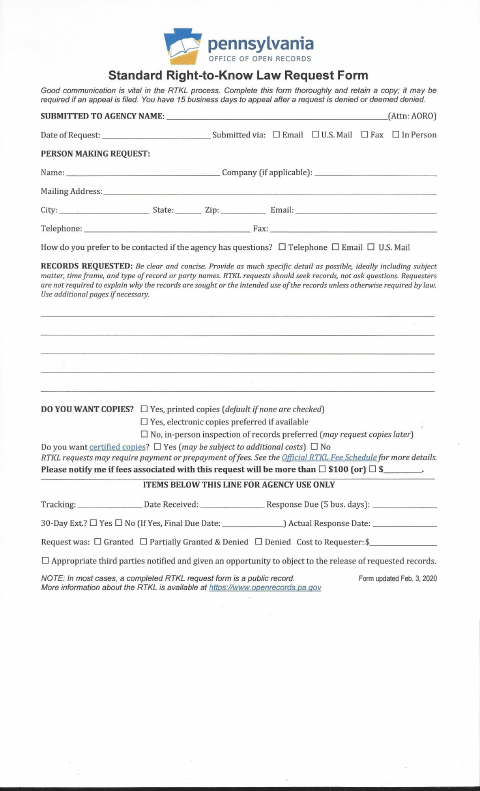 First page of the Standard Right-to-Know Law Request Form