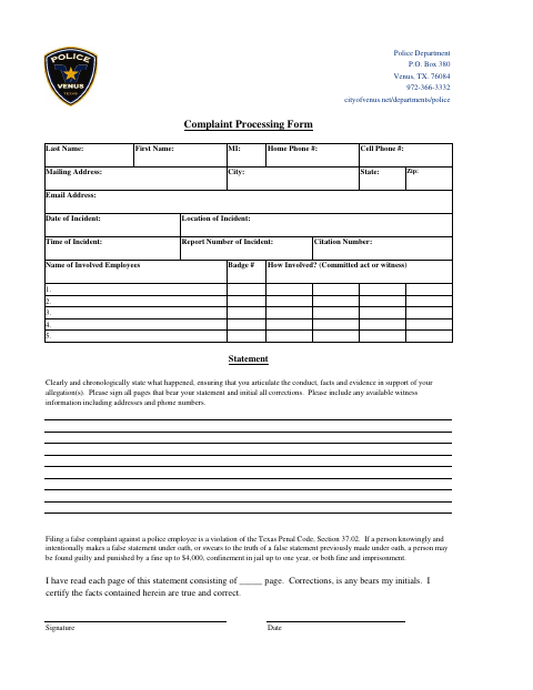 First page of the Complaint Processing Form