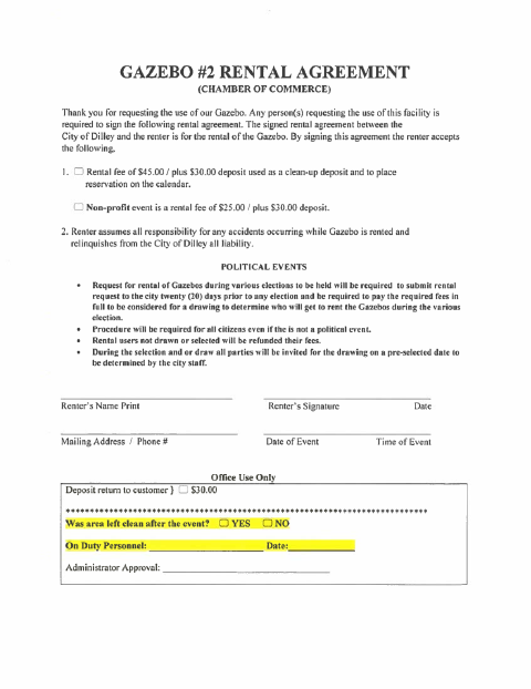 First page of the Gazebo #2 Rental Agreement
