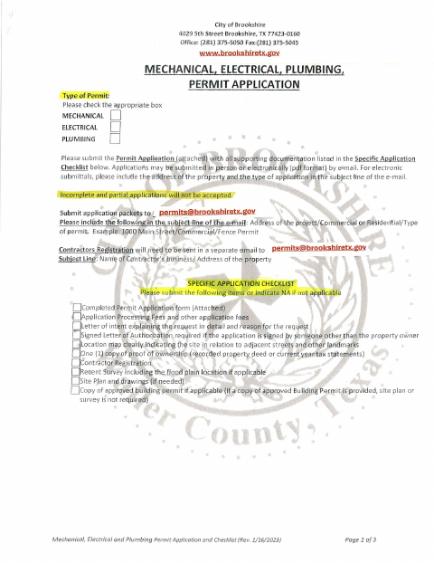 First page of the Mechanical, Electrical & Plumbing Permit Application