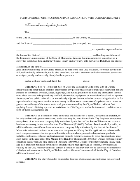 First page of the Street Obstruction and/or Excavation Bond with Corporate Surety