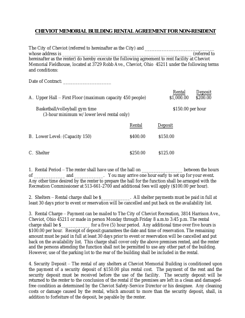 First page of the Memorial Building Rental Agreement for Non-Resident