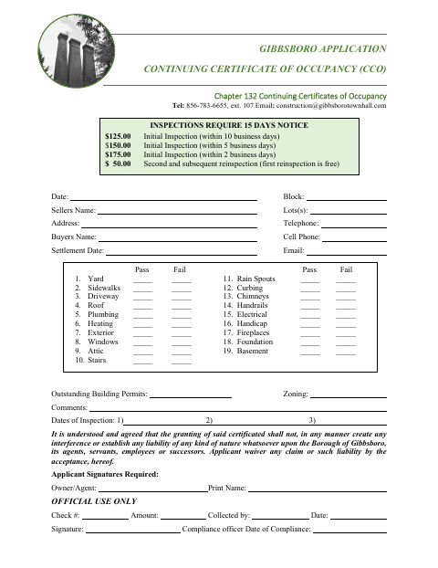 First page of the Continuing Certificate of Occupancy Application