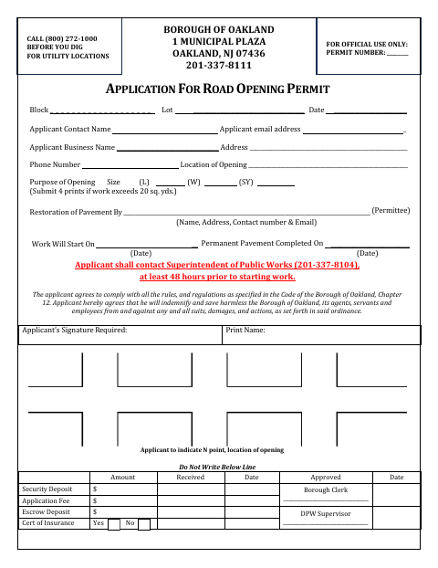 First page of the Application for Road Opening Permit