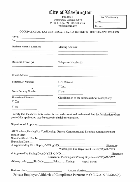 First page of the Occupational Tax Certificate Application