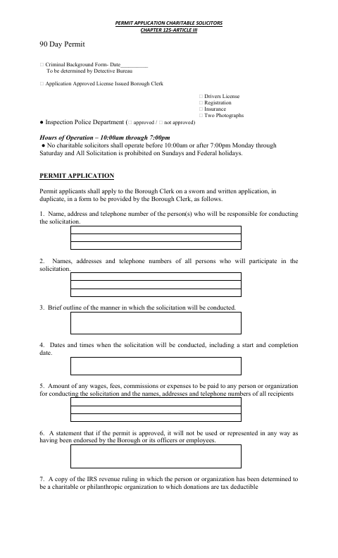First page of the Charitable Solicitor Permit Application