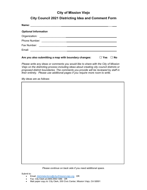 First page of the City Council 2021 Districting Idea and Comment Form