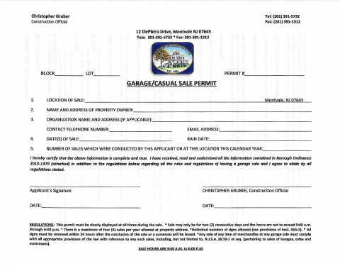 First page of the Garage Casual Sale Permit