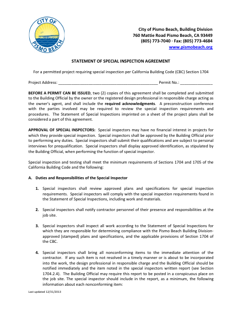 First page of the Statement Of Special Inspection Agreement