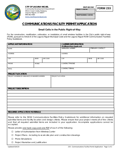 First page of the Communications Facility Permit Application