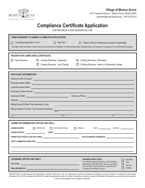 First page of the Business Compliance Certificate Application