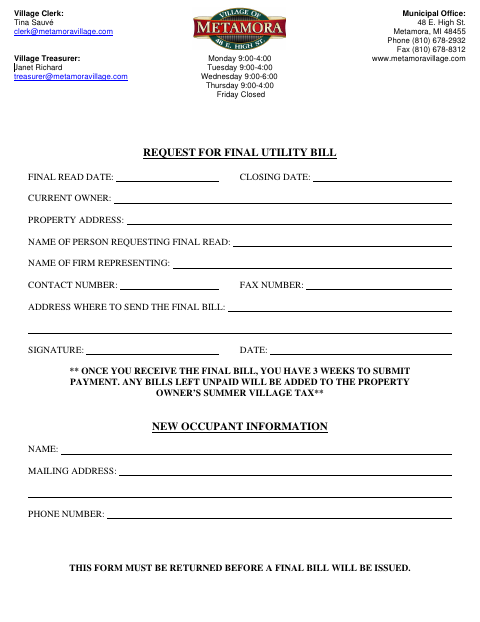 First page of the Final Utility Bill Request Form